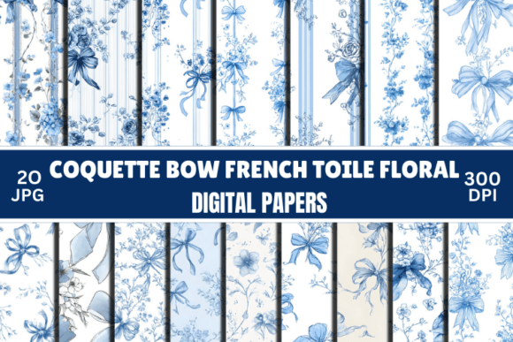 Download Blue Toile Digital Paper, Coquette Bow - Bow Collection