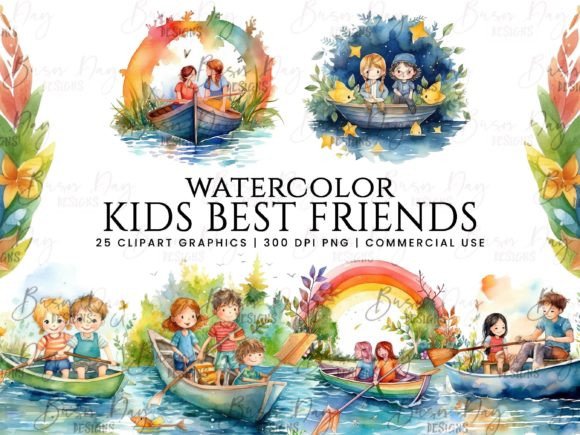 Download Watercolor Kids Best Friends Clipart - Premium Resources